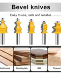 One Quarter Inch Shank Router Bit Set Five Piece Architectural Molding Kit displayed with solid wood, MDF, and plywood options.