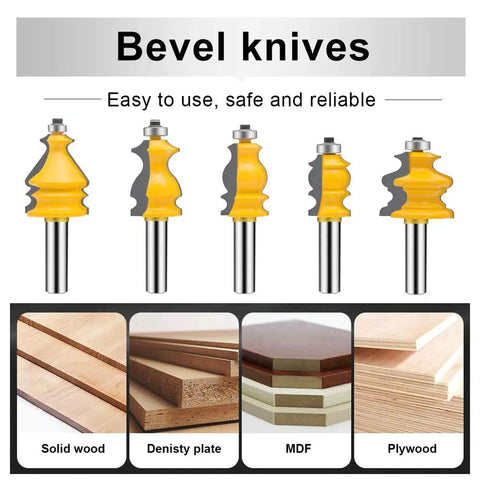 One Quarter Inch Shank Router Bit Set Five Piece Architectural Molding Kit displayed with solid wood, MDF, and plywood options.