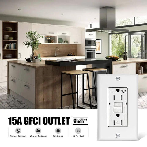 Weather Resistant GFCI Outlet 15 Amp Self Testing Tamper Resistant Duplex Receptacle For Indoor Outdoor Use With LED Indicator UL Listed White Decor Wall Plate Included