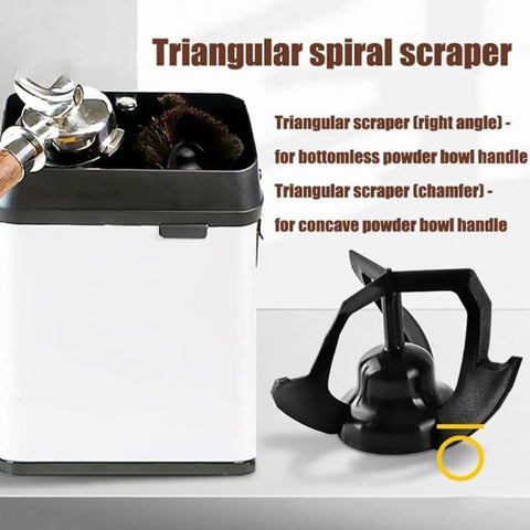 Automatic Electric Portafilter Cleaner And Knock Box For 58mm Espresso Handles with triangular spiral scrapers shown.