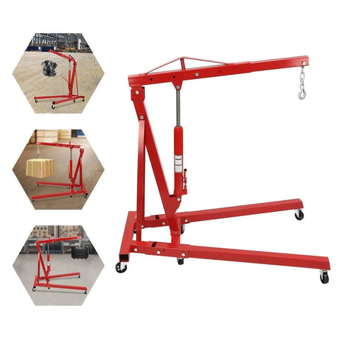 Heavy Duty Carbon Steel Engine Hoist With Smooth Hydraulic Lifting System And Foldable Stand Frame For No Drama Backyard Mechanic Garage Tool Optimization, viewed from the side.