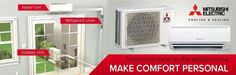 The Kickin 9,000 BTU 0.7 Ton Ductless Mini Split AC Heat Pump, indoor and outdoor units with refrigerant lines visible.