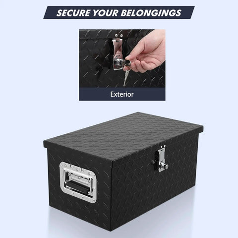 Heavy Duty 20 Inch Aluminum Diamond Plate Truck Bed Tool Box With Side Handle And Lock Keys Tank Tough Workhorse Storage Chest For Pickup Rv Trailer Gear Organizer, showing lock and sturdy exterior.