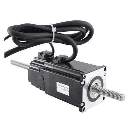 NEMA23 stepper motor with silver threaded lead screw, black housing and front flange for CNC use