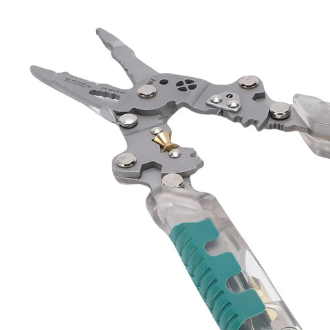 Close-up of Kickass 12 In 1 Wire Stripper And Crimper Pocket Multitool Pliers with ergonomic handle and metal jaws.