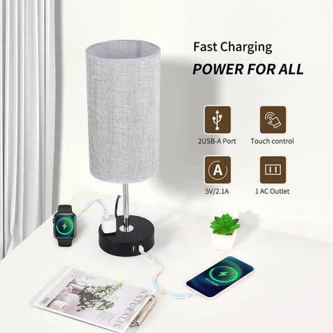 Three Way Touch Dimmable Bedside Lamp With USB Ports And One Outlet Gray Shade Bulb Included Ideal For Living Room Or Bedroom Modern Nightstand Light For Easy Tap Control on nightstand with charging devices