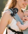 Must Have Clip On Baby Fan With Rechargeable Battery attached to baby carrier outdoors