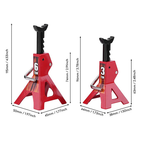 Two red metal RC car jack stands with black lift posts, one labeled 6 TON and one labeled 3 TON.