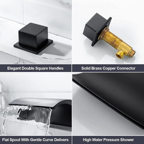 Matte Black Waterfall Tub Faucet With Widespread Spout, Deck Mount Roman Tub Filler, Solid Brass 2-Handle Bathroom Faucet, Drip-Free Ceramic Cartridge For Smooth Flow And Leak-Resistant Performance showcasing square handles, spout, and connector.