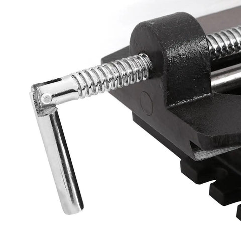 Close-up of Chiyyak 6 Inch Heavy Duty Cross Slide Drill Press Bench Mount clamp, showcasing durable cast iron and high clamping force.