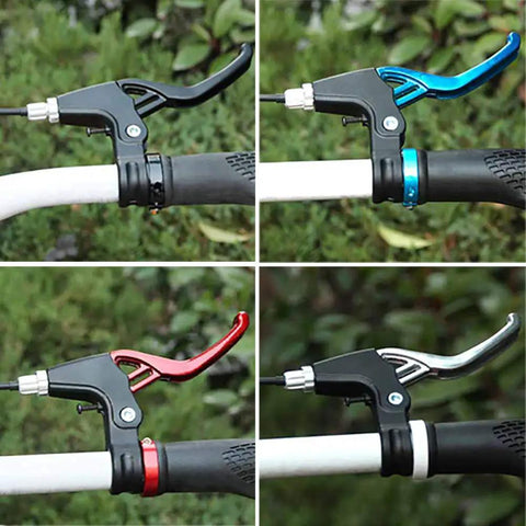 Four aluminum alloy brake levers, blue, red, silver, black, mounted on bicycles. Part of the 6 Piece Bicycle Brake Accessories Kit.