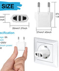 Six Pack US To Europe Plug Adapters Type C Travel Converter dimensions and specifications, shown in hand and plugged in wall outlet.