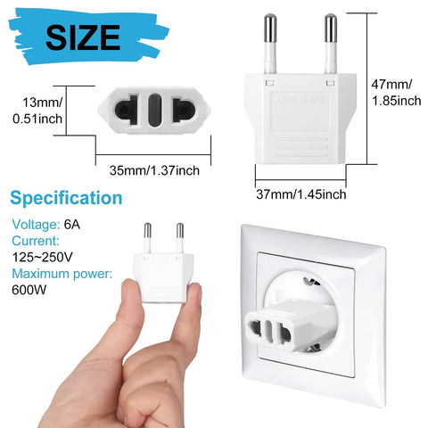 Six Pack US To Europe Plug Adapters Type C Travel Converter dimensions and specifications, shown in hand and plugged in wall outlet.