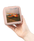 Hand holding Stearman Pre WWII Trainer Aircraft Jewelry Travel Case Pink Ultra Compact 4x4x2 Inch Jewelry Box with plush lining