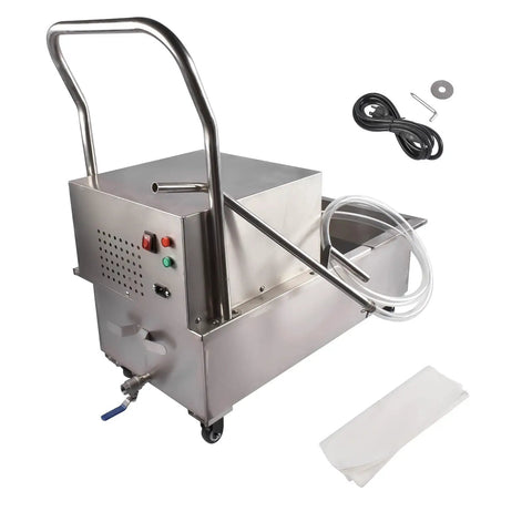 Heavy Duty 370W Commercial Fryer Oil Filter Cart With Stainless Steel Body For Restaurants, featuring pump and storage tank.