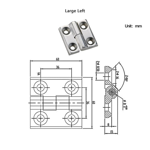 Detachable hinge, large left, 304 stainless steel with four mounting holes; front and side views.