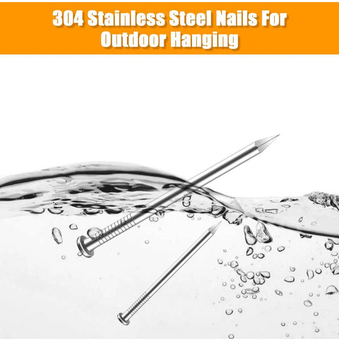 304 stainless steel nails submerged in water, highlighting durability for 500Pcs Stainless Steel Wall Nails Set, 6 Sizes Finishing Nails.