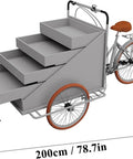 Slick Large Reverse Tricycle Vending Cart With Smooth Pedal Assist front view showing four tier rollout rack and dimensions.