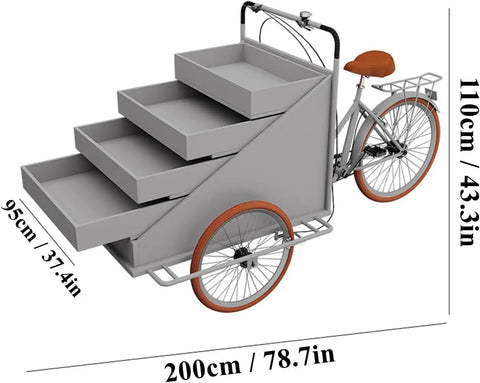 Slick Large Reverse Tricycle Vending Cart With Smooth Pedal Assist front view showing four tier rollout rack and dimensions.