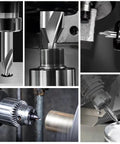 Collage of 8 Piece Center Drill Bit Set For Lathe Work in use, featuring Pro Grade HSS Center Drill Bits With 60 Degree Countersink