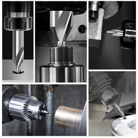 Collage of 8 Piece Center Drill Bit Set For Lathe Work in use, featuring Pro Grade HSS Center Drill Bits With 60 Degree Countersink