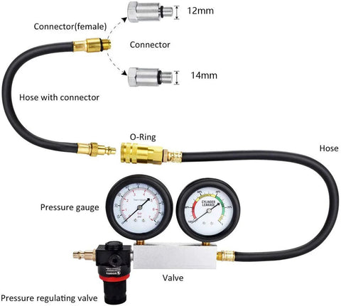 Front view of automotive cylinder leak-down tester kit with dual gauges, brass connectors, hose and valve