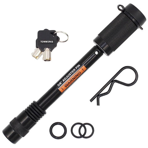 Keyed Alike Five Eighths Inch Trailer Hitch Lock With Extra Long Four And A Half Inch Span Double Safety Locking Pin For Three Inch Receivers And Adjustable Channel Mounts