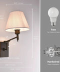 YS.ESUDSI Swing Arm Vintage Wall Sconces with White Fabric Shade Hardwired showcasing dimensions and adjustable arm design.