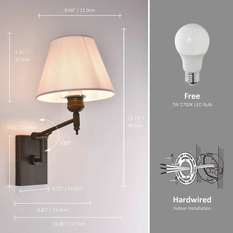 YS.ESUDSI Swing Arm Vintage Wall Sconces with White Fabric Shade Hardwired showcasing dimensions and adjustable arm design.