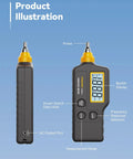 Pro Grade Handheld Vibration Meter Digital Tester showing probe, digital display, and AC output port for motor diagnostics.