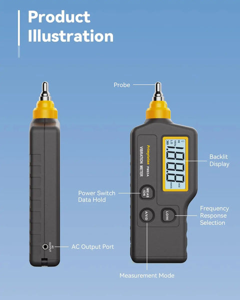 Pro Grade Handheld Vibration Meter Digital Tester showing probe, digital display, and AC output port for motor diagnostics.
