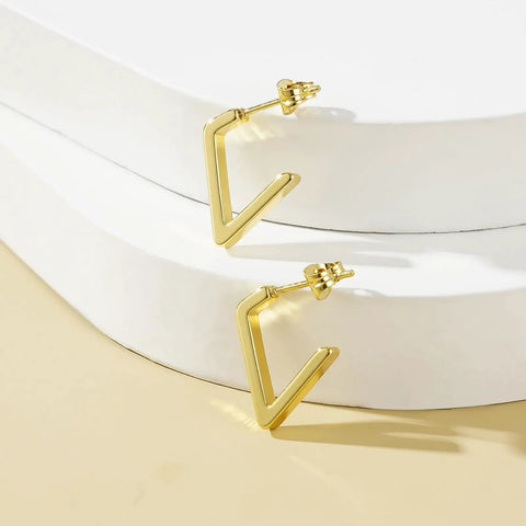 14K Gold Hoop Earrings For Women, Minimalist V-Shaped Open Hoops, Hypoallergenic And Lightweight 17mm Design on layered surface