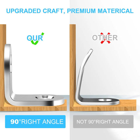 Comparison of Beefy Heavy Duty Stainless Steel L Brackets Set With 100 Screws, showing 90-degree right angle bracket in use.