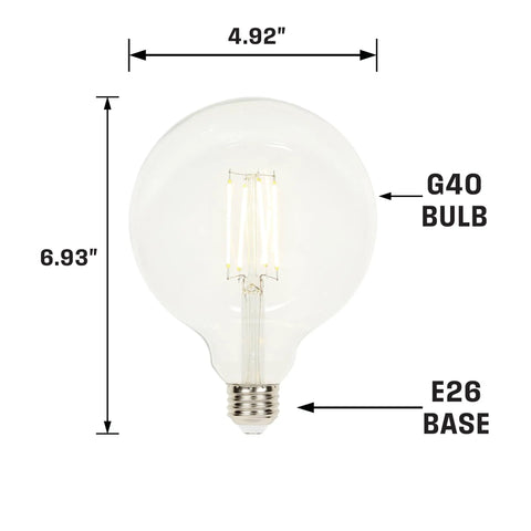 G40 Dimmable LED Filament Globe Bulb 6.5W 60W Equivalent Clear Glass Medium Base For Pendants And Decorative Fixtures Mercury Free Energy Saving Light with dimensions