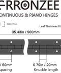 Diagram of Two Pack Heavy Duty Black Piano Hinges 36 Inch Long by 2 Inch Open Width, dimensions and hole spacing shown