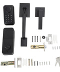 Badass Keyless Entry Lock Set With Fingerprint Scanner And Auto Electronic Keypad Deadbolt Digital Smart Code Setup Featuring Hella Smooth Lever Handle In Matte Black, showing components and installation parts.