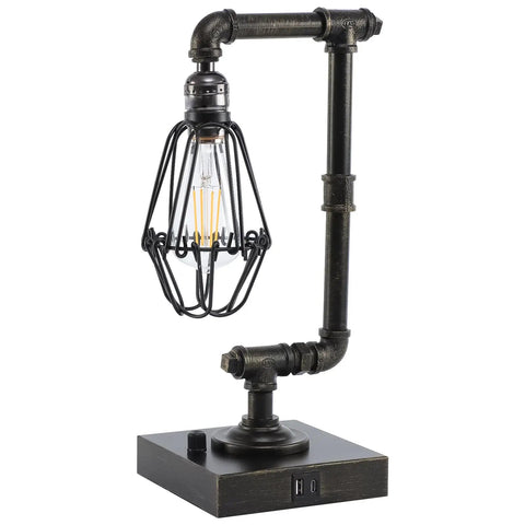 Dope Steampunk Table Lamp With USB Ports, Industrial Desk Lamp In Bronze Metal Finish, Dimmable Three Brightness Levels Via Rotary Switch, Rustic Edison Bulb Style Lighting For Home Office, Living Room, And Bedroom Decor