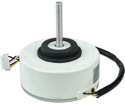 Brushless DC Inverter Fan Motor EAU62983004, shown at an angle with visible wiring and 5-pin connector, 92x114mm size