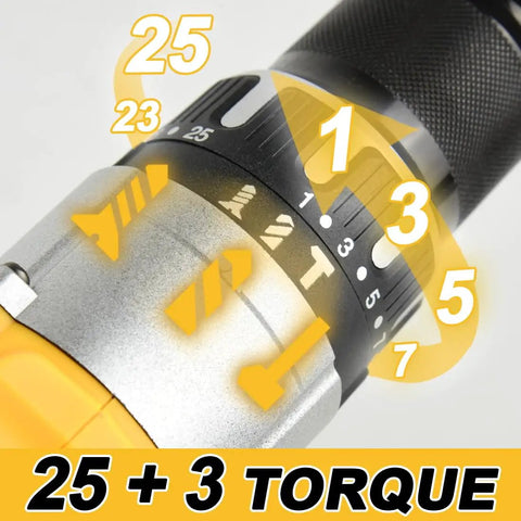 Close-up of cordless drill driver showing 25+3 clutch settings, part of the Cordless Drill Driver Half Inch Chuck, Two Speed Modes.