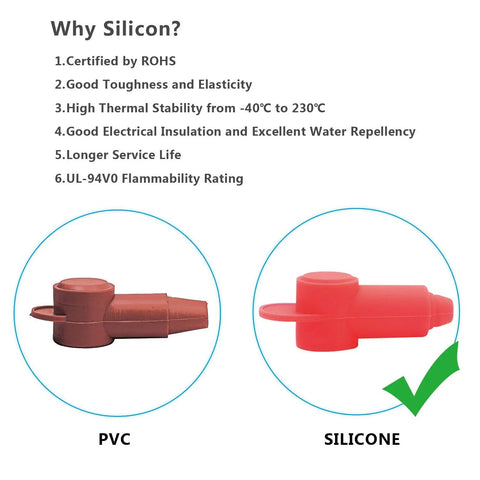 Comparison of PVC and silicone covers for 10 Pack Silicone Terminal Covers For Battery Studs And Power Junction Blocks, illustrating material benefits.