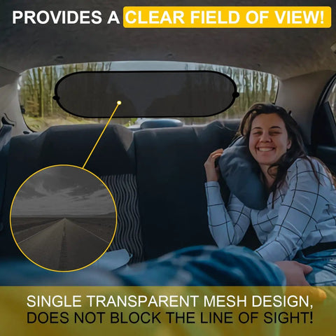 Car interior with installed Rear Window Sun Shade for Cars with Suction Cups, UV Protection Mesh Cover, 39 by 19 inches, clear view.