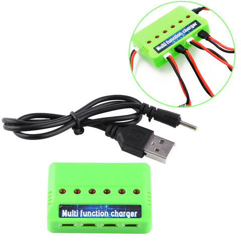 6 In 1 Drone Battery Charger For X5C RC LiPo Batteries With Overcharge Protection, green multi-port charger with USB cable.