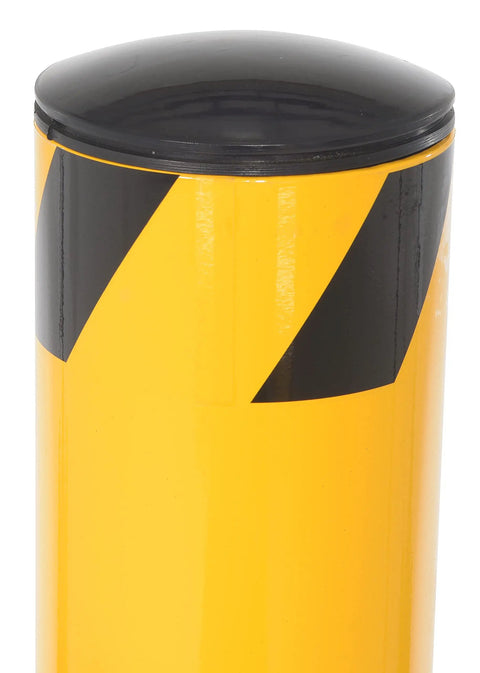 Heavy Duty Steel Safety Bollard Standing 42 Inches High By 5.5 Inches Wide In Bright Powder Coated Yellow For Indoor Outdoor Parking Garage Protection Designed Tough As Nails To Handle Vehicle Impact With Quick Install Welded Base top view showing black and yellow design.