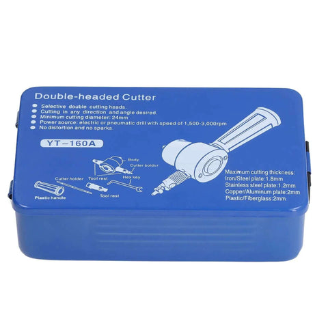 Blue box packaging for Double Head Sheet Metal Nibbler Cutter Multi Tool with tool diagram and specifications.