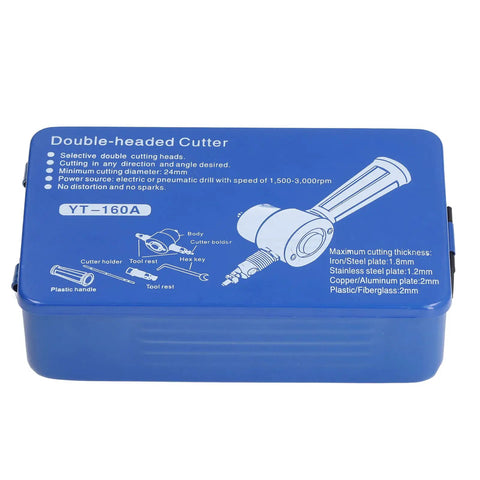 Double Head Sheet Metal Nibbler Cutter Drill Attachment Aluminum Alloy with blue case for versatile metal cutting.