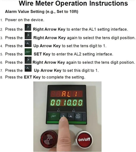 Dead Simple Digital Length Meter Counter With Grip Tight Rubber Tracking Wheel And Sharp Alarm Tone For Zero Hassle Cable Wire Measurement And Quick Unit Switchups operation instructions display with buttons and settings.