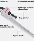 Aluminum Pipe Wrench 24 Inch Workhorse With Forged Wide Jaws, Beefy Quick Bite Teeth, Lightweight I Beam Design shown with labels