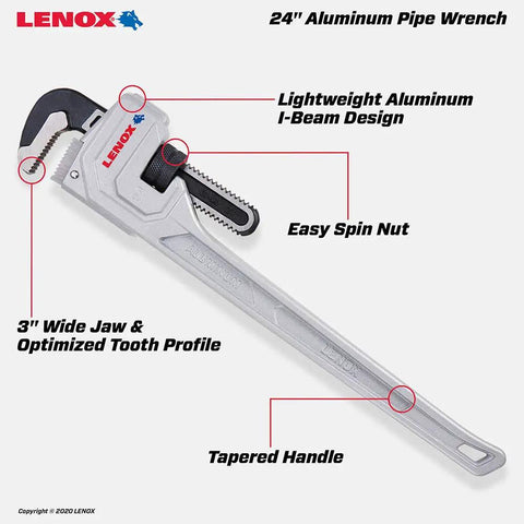 Aluminum Pipe Wrench 24 Inch Workhorse With Forged Wide Jaws, Beefy Quick Bite Teeth, Lightweight I Beam Design shown with labels