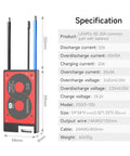 Bulletproof 8S 24V Battery Management System For LiFePO4 Packs, specifications on a black and red unit with two wires.
