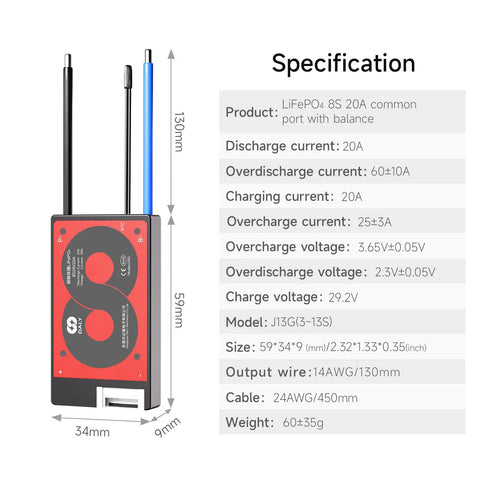 Bulletproof 8S 24V Battery Management System For LiFePO4 Packs, specifications on a black and red unit with two wires.